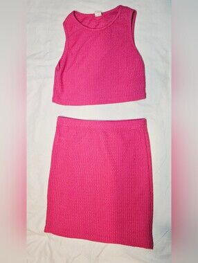 Girls Size 10 Matching Pink Tank Top Crop Knit Shirt ^ & Pencil Skirt
